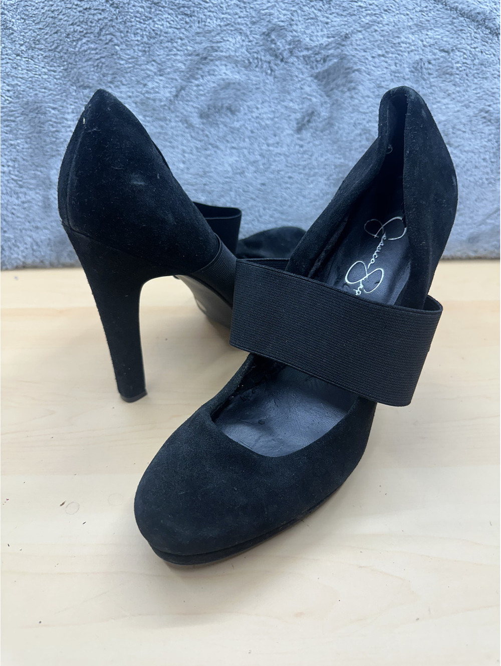 Jessica Simpson Black Suede High Heel Pumps with Wide Elastic Strap